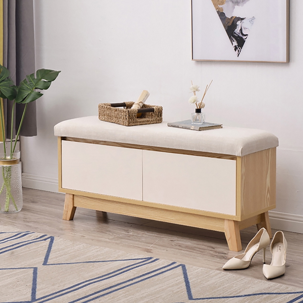 Farmhouse Upholstered Bench for Shoe Storage in Beige window image