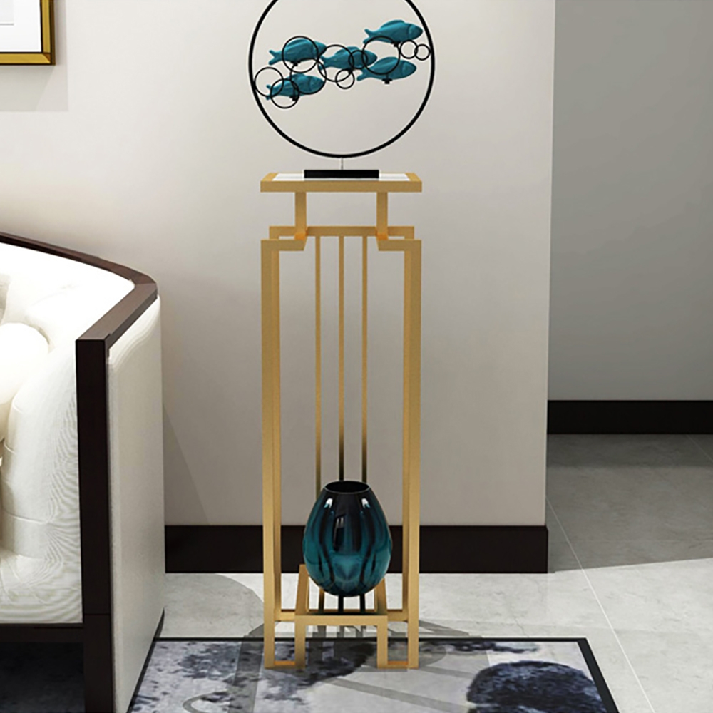 700mm Unique Gold Freestanding Marble Plant Stand with Shelf window image