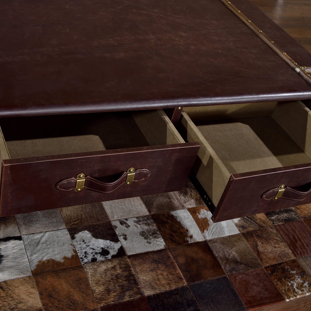 Industrial Retro Coffee Table with Drawers Accent Table with Brown Leather Edging window image