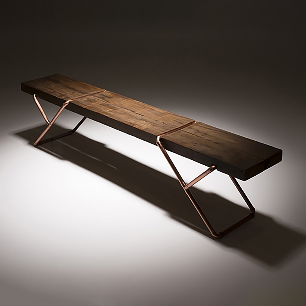 Walnut Solid Wood Bench in Gold Frame Retro Bench window image