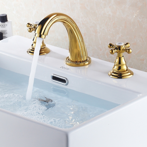 Suex Traditional Double Cross Handle 3-Hole Bathroom Basin Mixer Tap Solid Brass in Gold window image
