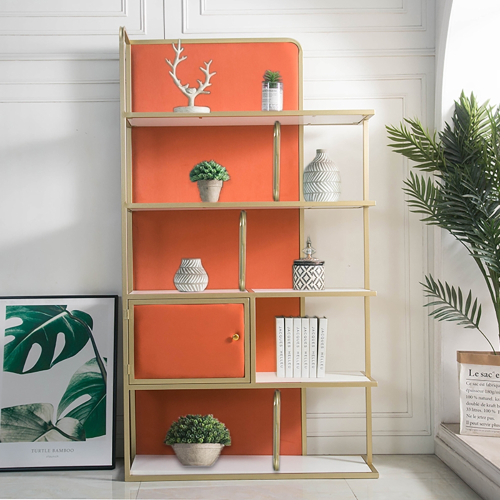 5-Tiers Freestanding Gold Bookshelf with Door in Orange window image