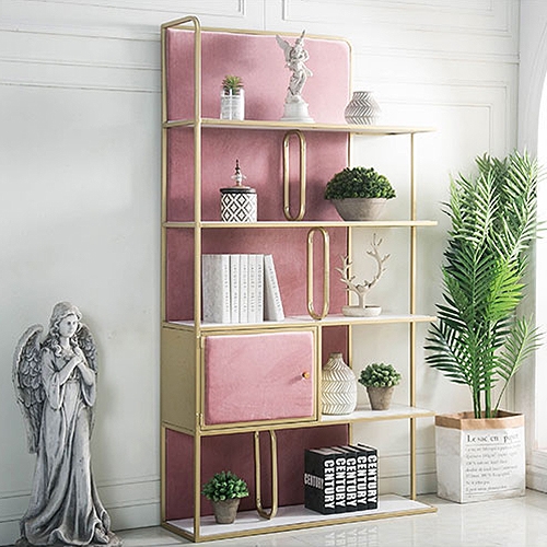 5-Tiers Freestanding Gold Bookshelf with Door in Pink window image