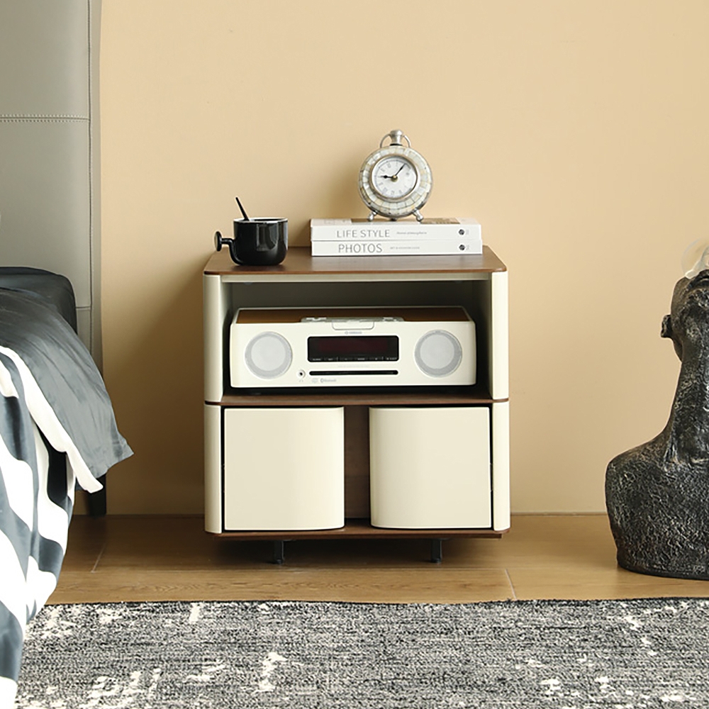 Modern Walnut End Table with Shelf & Drawer Wooden Side Table window image