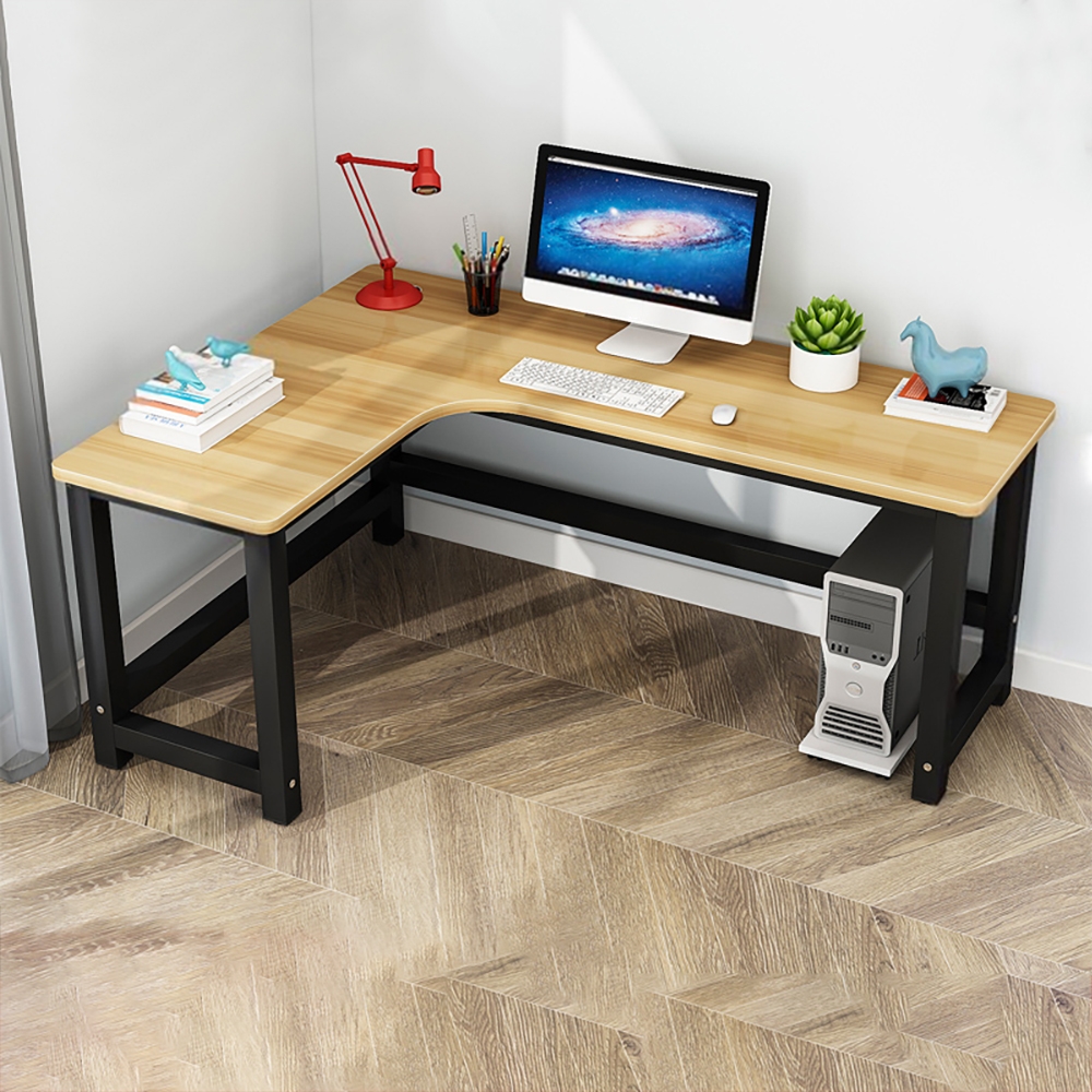Natural L-Shaped Writing Desk with Wooden Top & Metal Frame Desk window image
