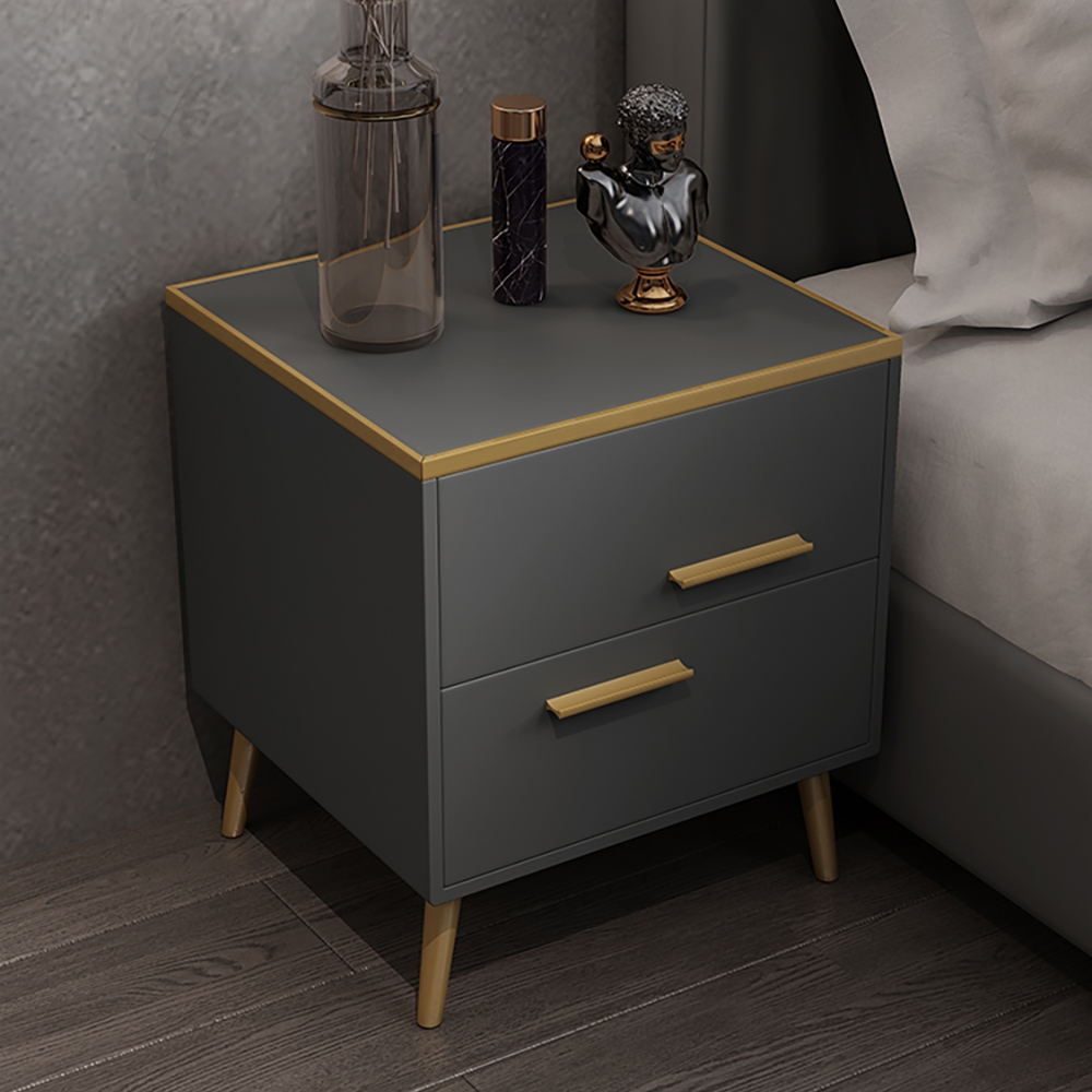 Postmodernism Gray Nightstand PU Leather Upholstered with 2 Drawers in Gold window image