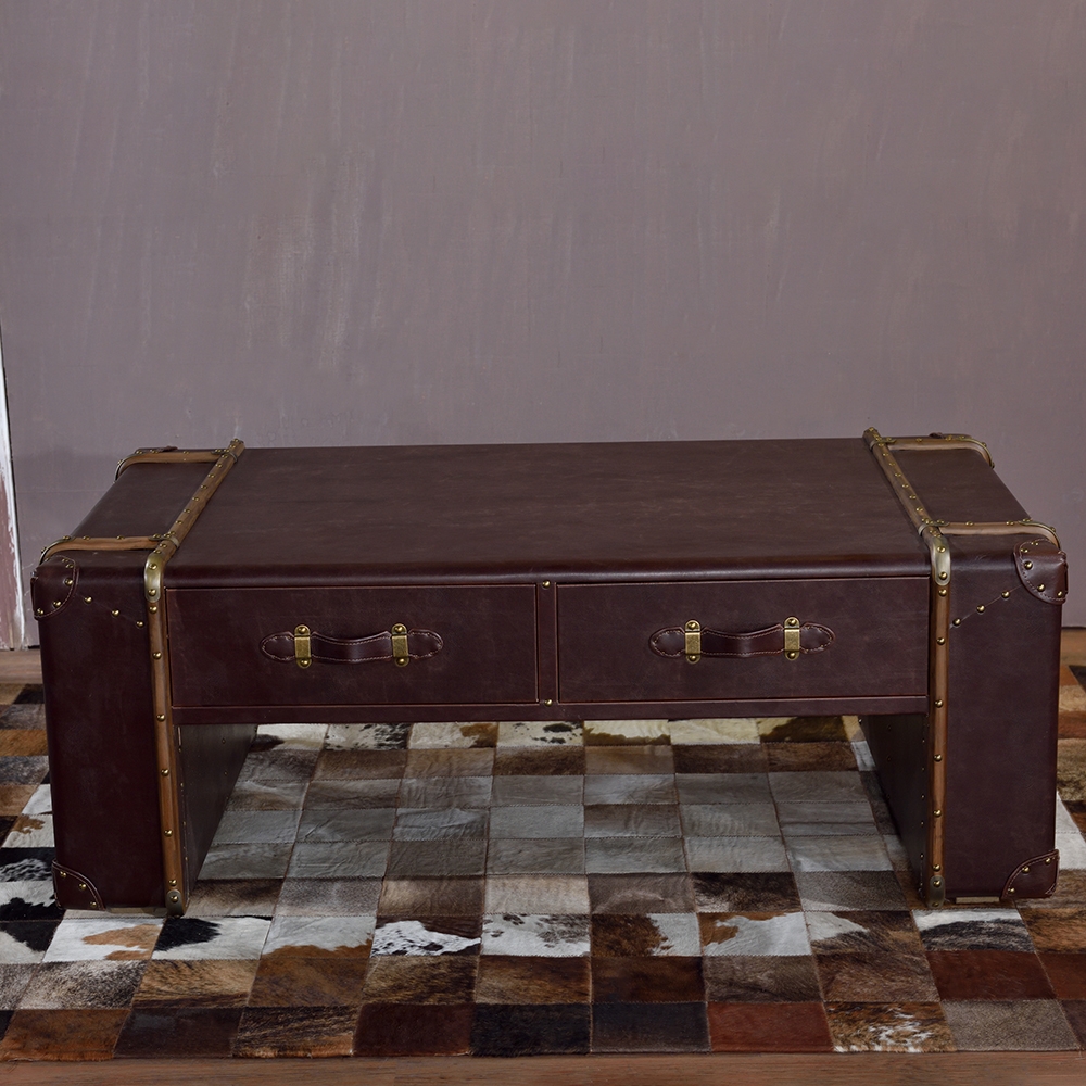 Industrial Retro Coffee Table with Drawers Accent Table with Brown Leather Edging window image