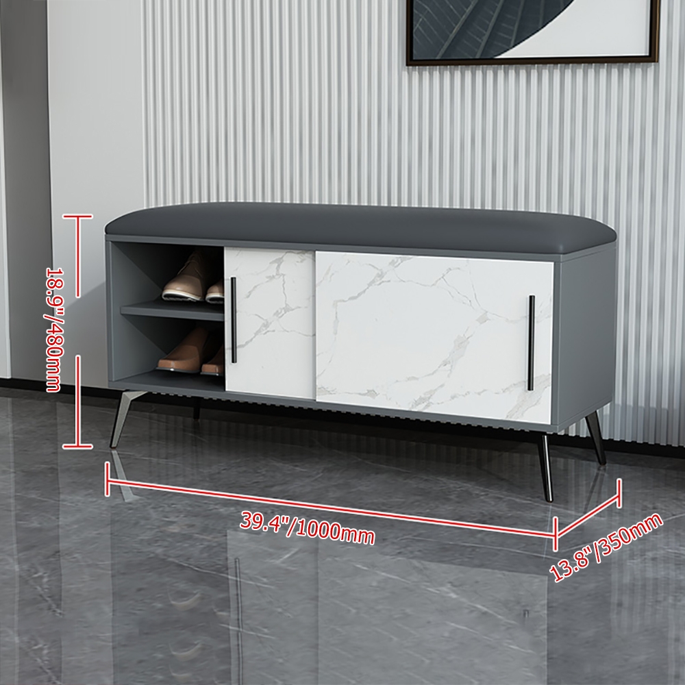 Modern Upholstered Bench with Cabinet in Leather Gray&White window image