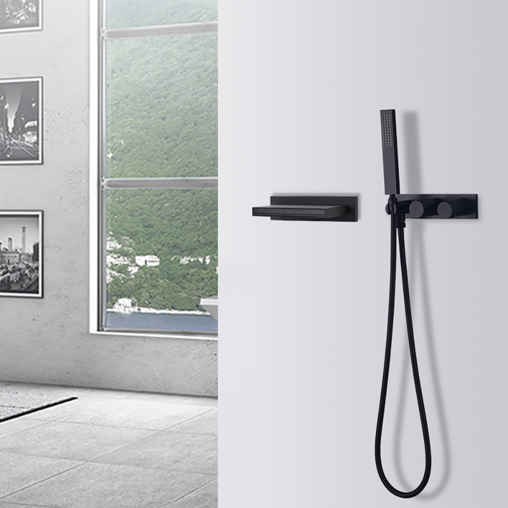 Sleek Wall Mounted Waterfall Bathtub Faucet with Handshower in Matte Black window image