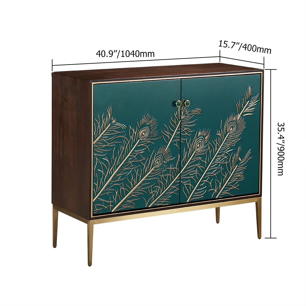 Novelty Green Sideboard Buffet Feather Patterned Cabinet with Shelves & Doors in Small window image