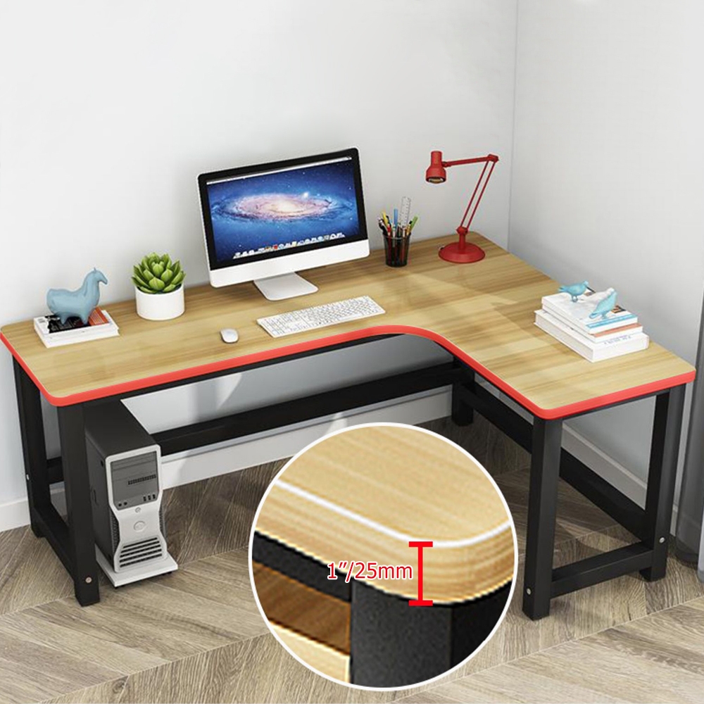Natural L-Shaped Writing Desk with Wooden Top & Metal Frame Desk window image