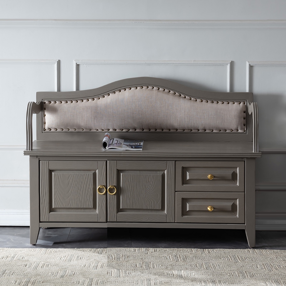 Banc ottoman rétro en bois massif gris avec 2 tiroirs et une armoire image de fenêtre