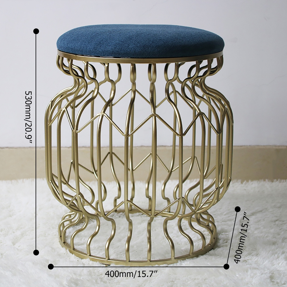 Retro Blue Round Upholstered Velvet Ottoman Stool Gold Base window image