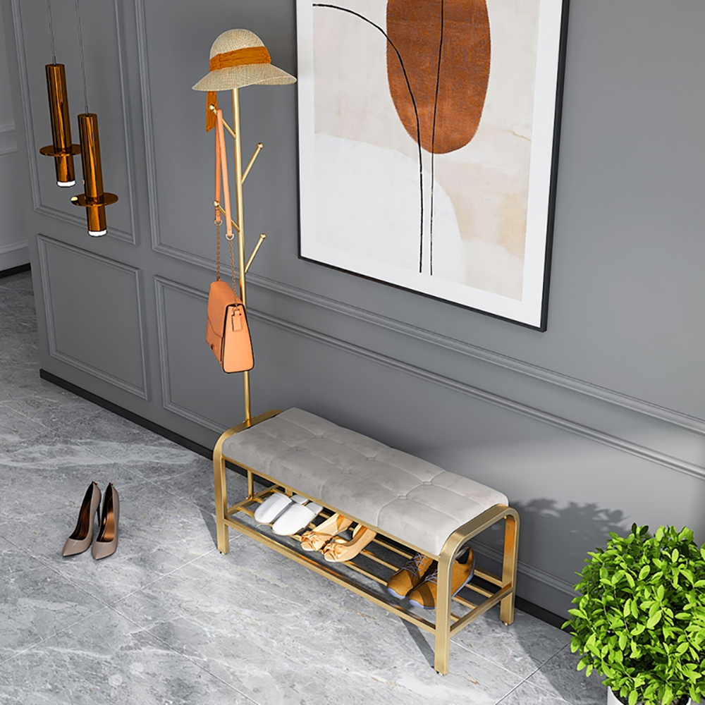Modern Entryway Upholstery Shoe Bench with Coat Rack window image