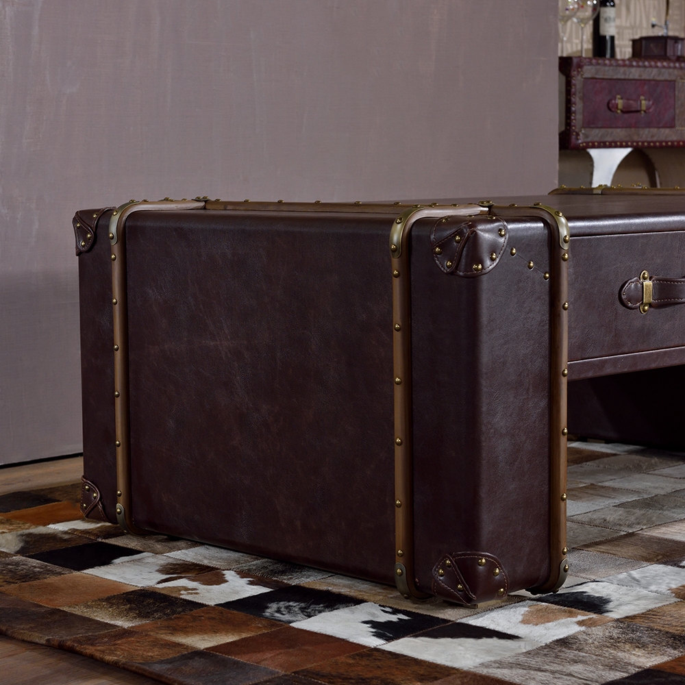 Industrial Retro Coffee Table with Drawers Accent Table with Brown Leather Edging window image