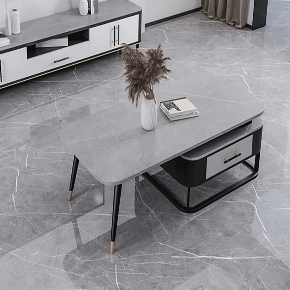 Modern Gray Coffee Table with Drawer Sintered Stone Top & Metal Base window image