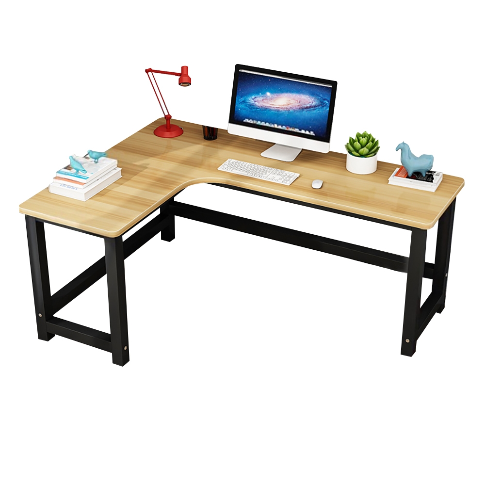 Natural L-Shaped Writing Desk with Wooden Top & Metal Frame Desk window image