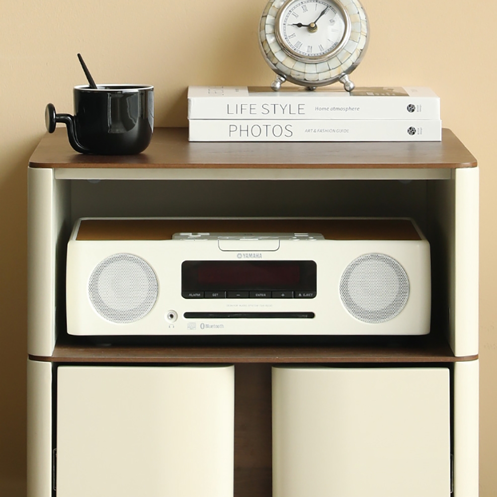 Modern Walnut End Table with Shelf & Drawer Wooden Side Table window image