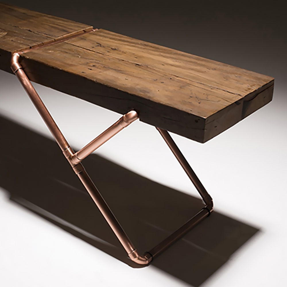 Walnut Solid Wood Bench in Gold Frame Retro Bench window image