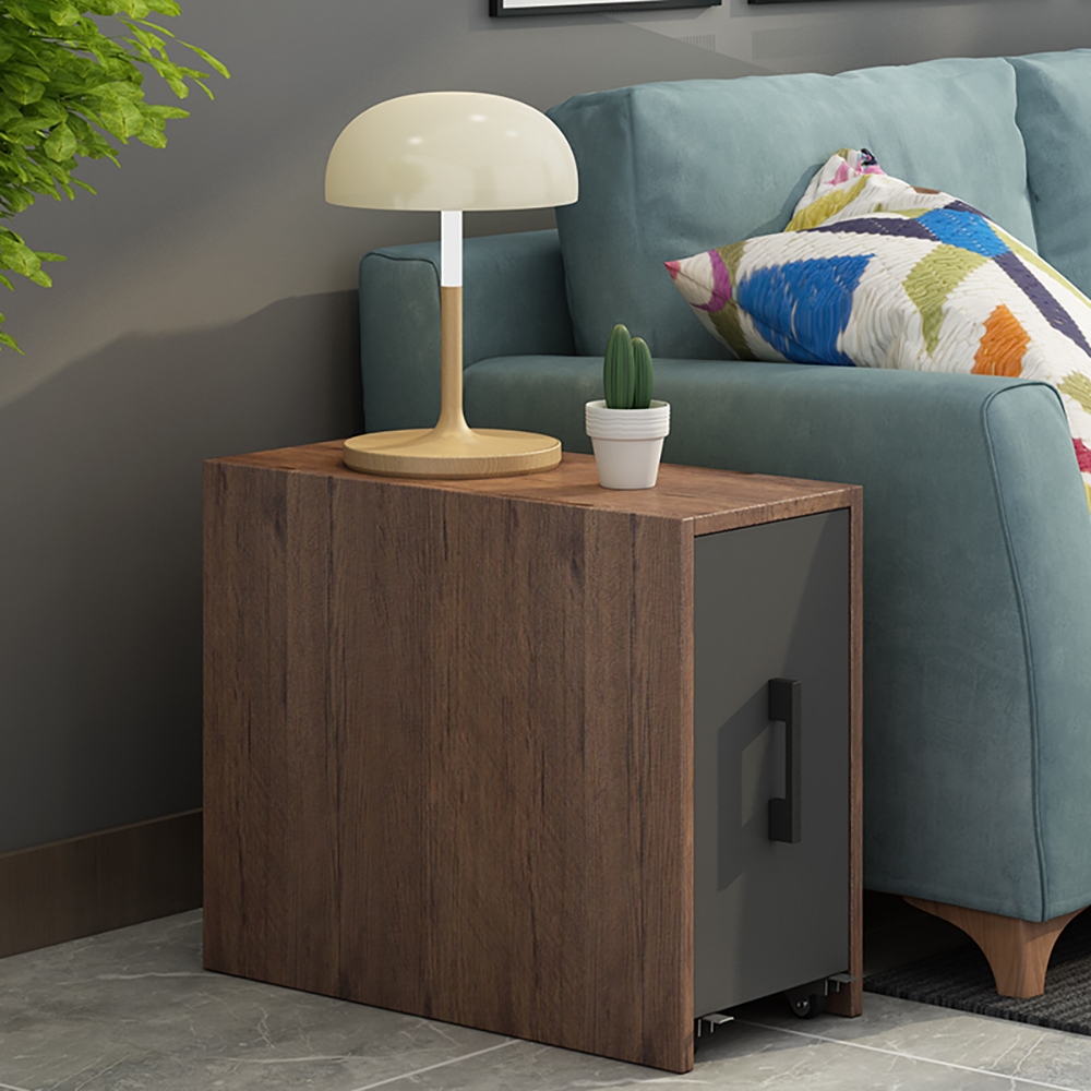 Modern Walnut Wooden End Table with Drawer & Shelf Side Table window image