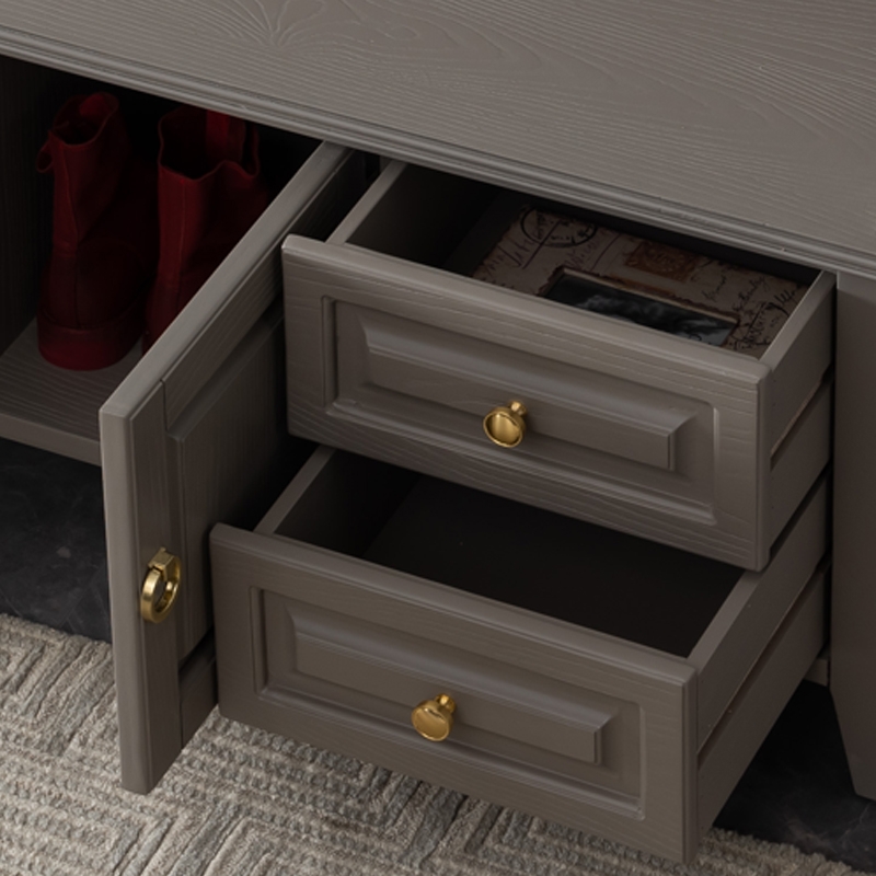 Banc ottoman rétro en bois massif gris avec 2 tiroirs et une armoire image de fenêtre