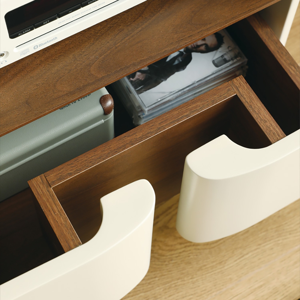 Modern Walnut End Table with Shelf & Drawer Wooden Side Table window image