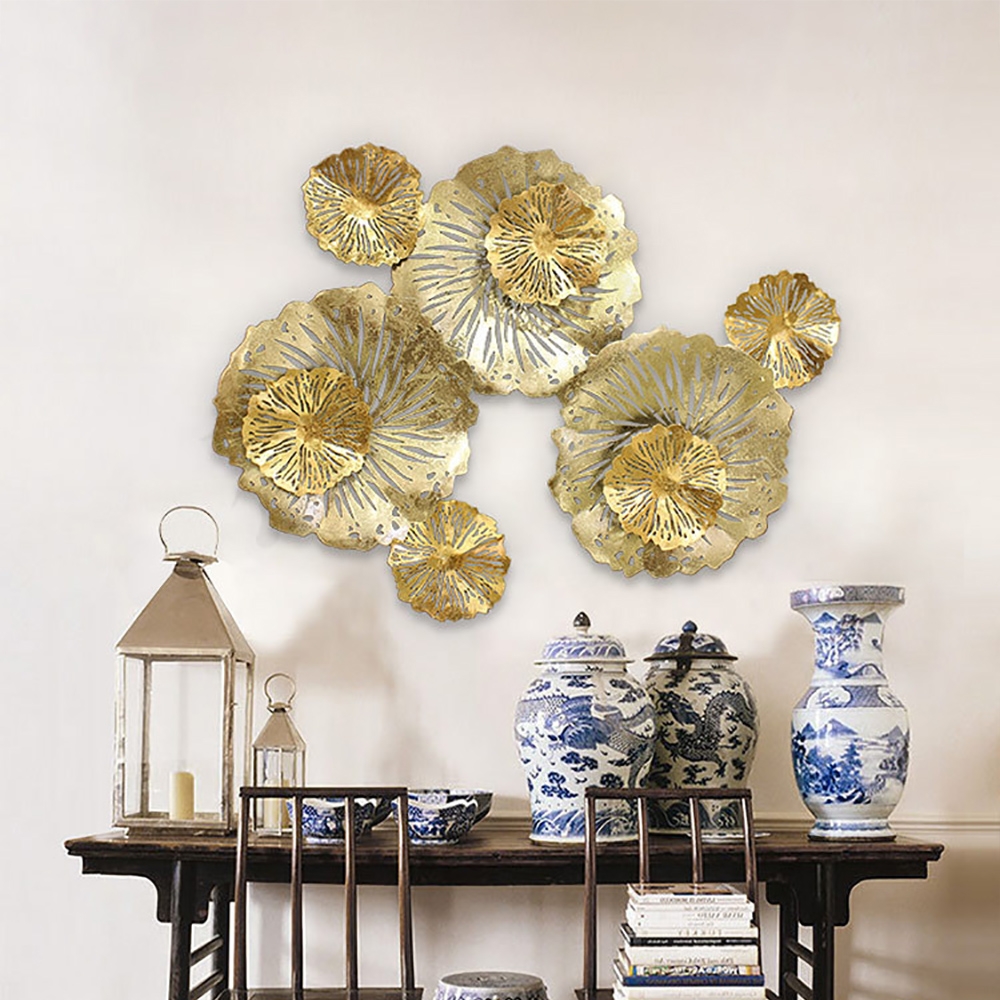 Light Luxury 3D Gold Hollow-out Metal Lotus Flowers Wall Decor window image