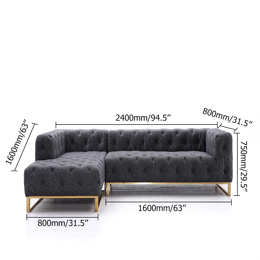 2400mm Modern Tufted Velvet Upholstered Sofa 3-Seater Sofa Grey Sectional in Gold Base window image