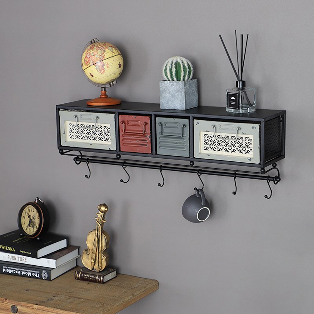 Industrail Storage Wall Mounted Shelves with Hooks & Drawers window image