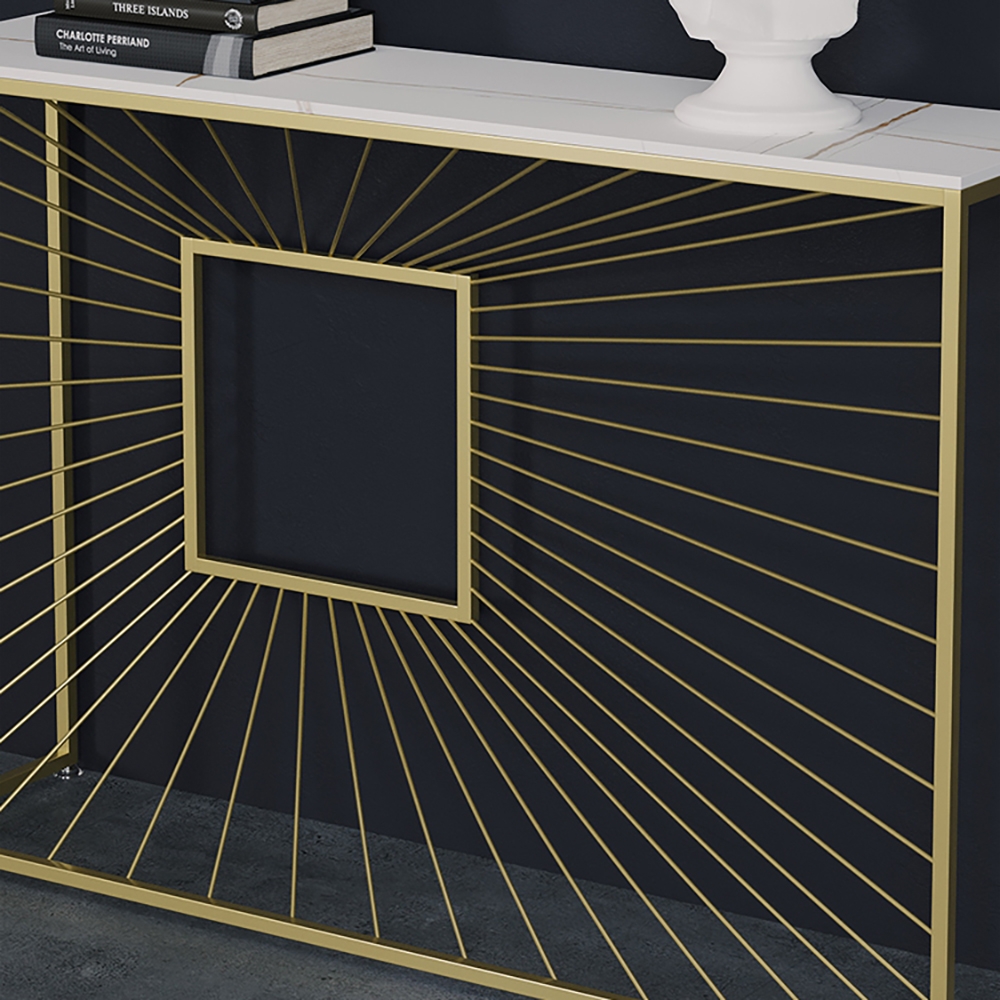 Modern White Narrow Console Table with Sintered Stone Top & Metal Frame window image