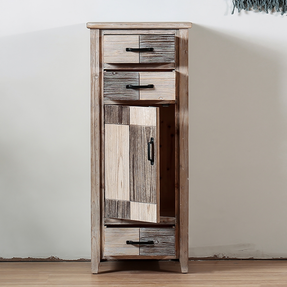 Tall Cabinet Distressed Natural Storage Cabinet 3 Drawers & 1 Door in Contrast Colour window image