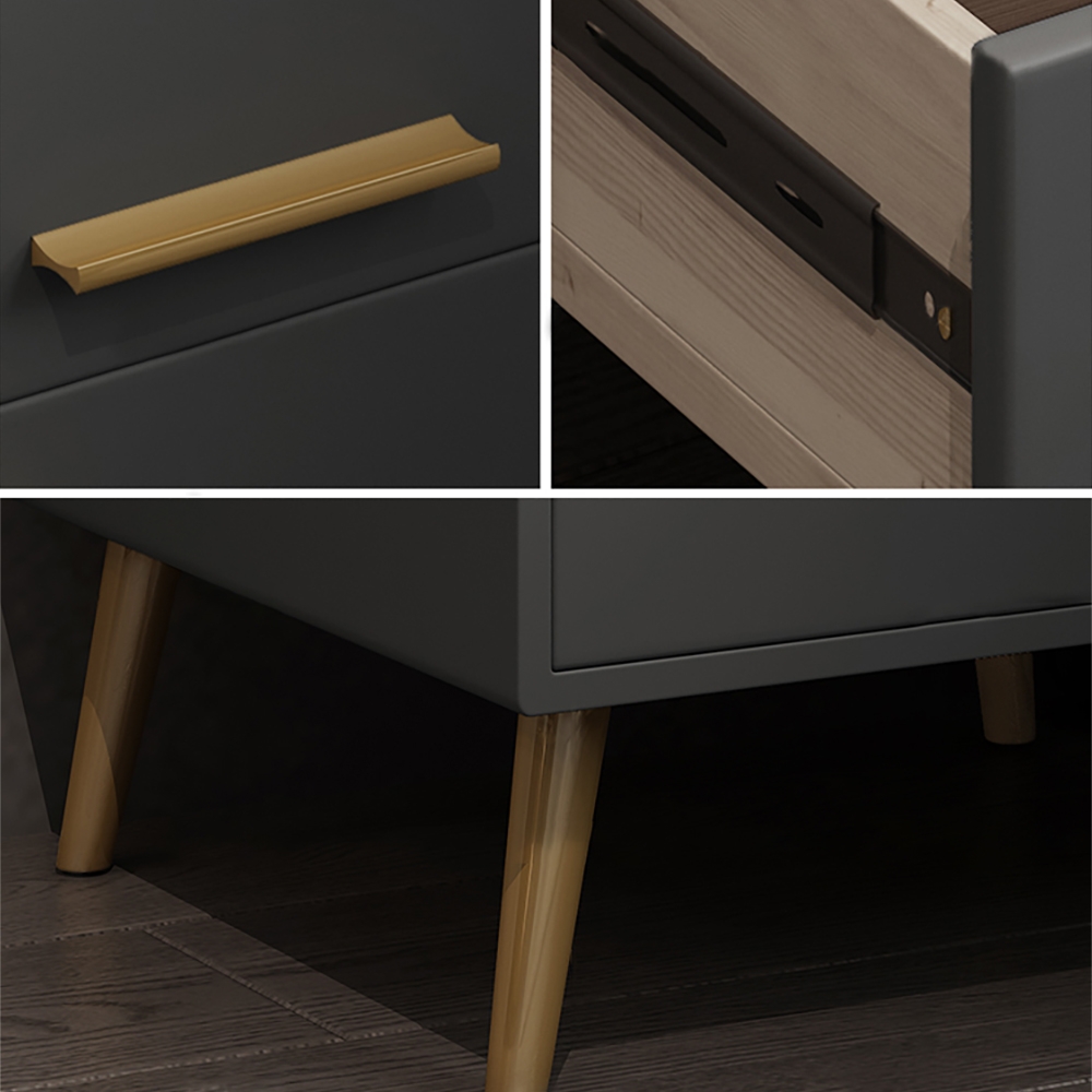 Postmodernism Gray Nightstand PU Leather Upholstered with 2 Drawers in Gold window image