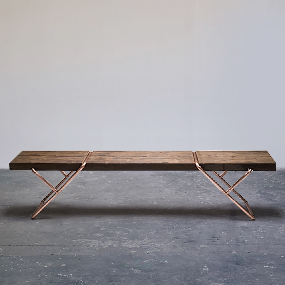 Walnut Solid Wood Bench in Gold Frame Retro Bench window image