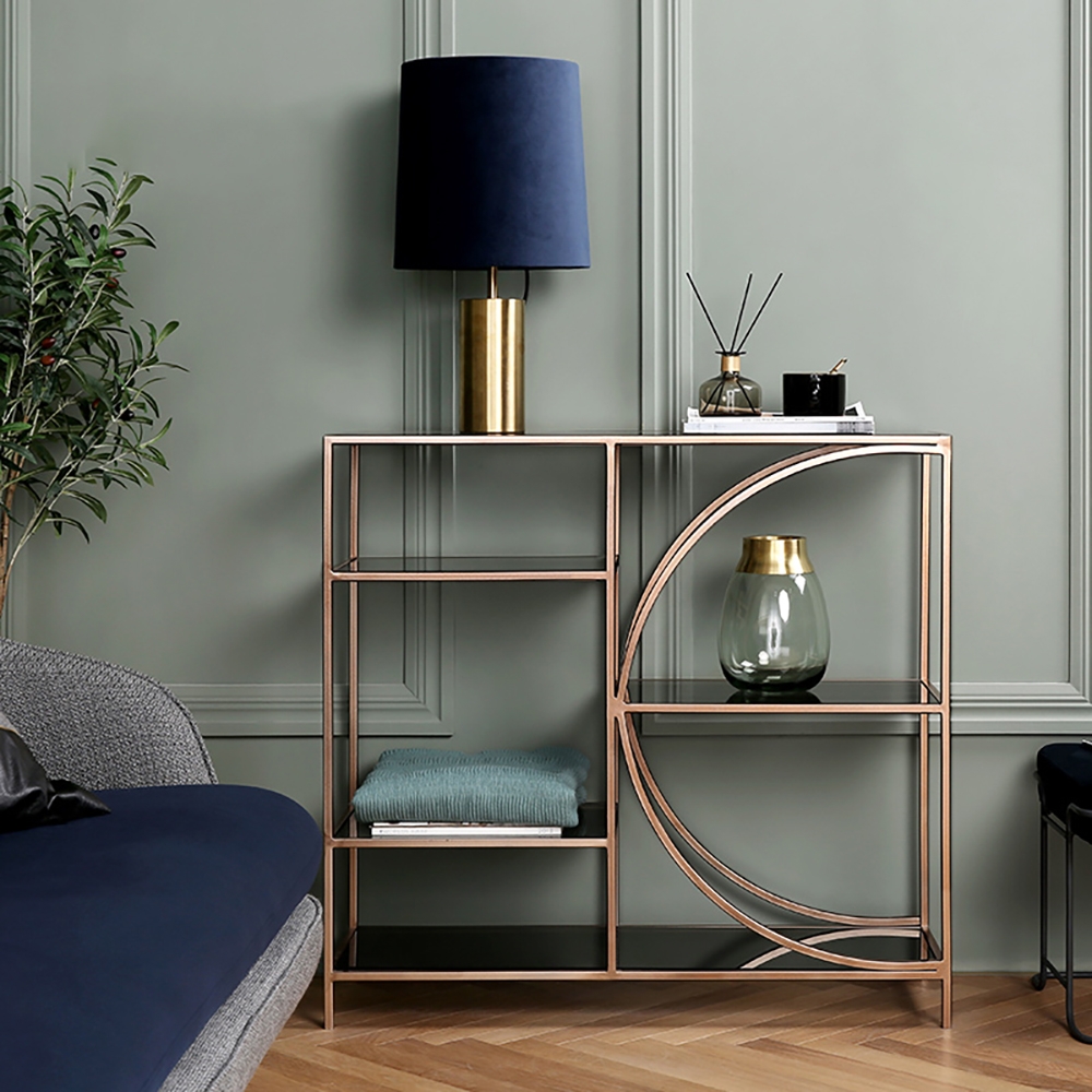 Industrial Black Console Table with Shelves Tempered Glass Top & Metal Frame window image