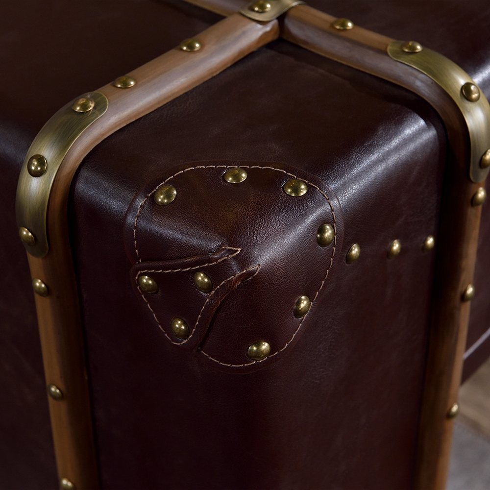Industrial Retro Coffee Table with Drawers Accent Table with Brown Leather Edging window image