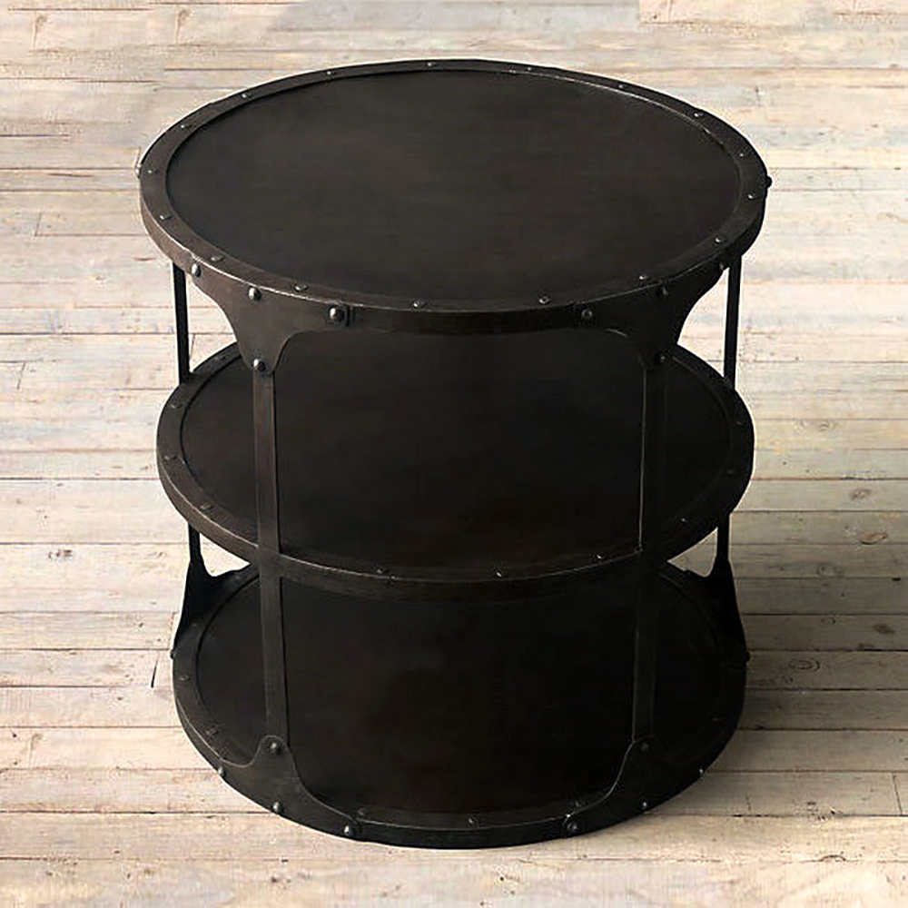 Table d'appoint ronde rétro noire avec étagères en métal image de fenêtre