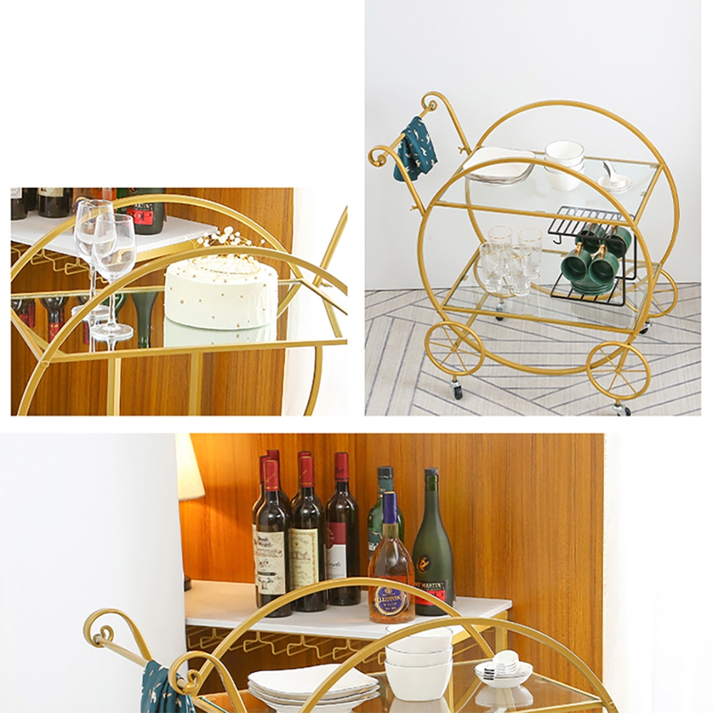 Nordic Gold 2-Tier Bar Cart on Wheels Clear Tempered Glass Top with Gold Handle window image