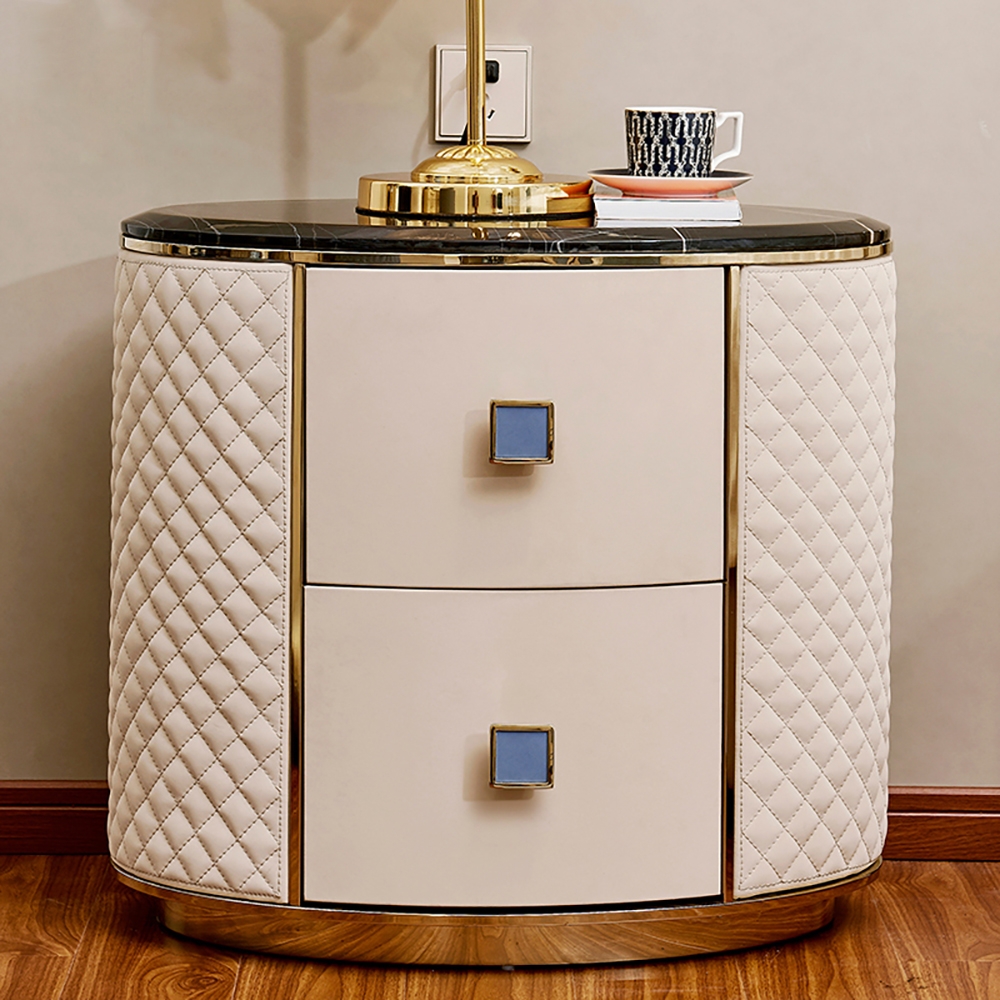 Oval Off White Nightstand Faux Marble Top Leather Upholstery with 2 Drawers window image