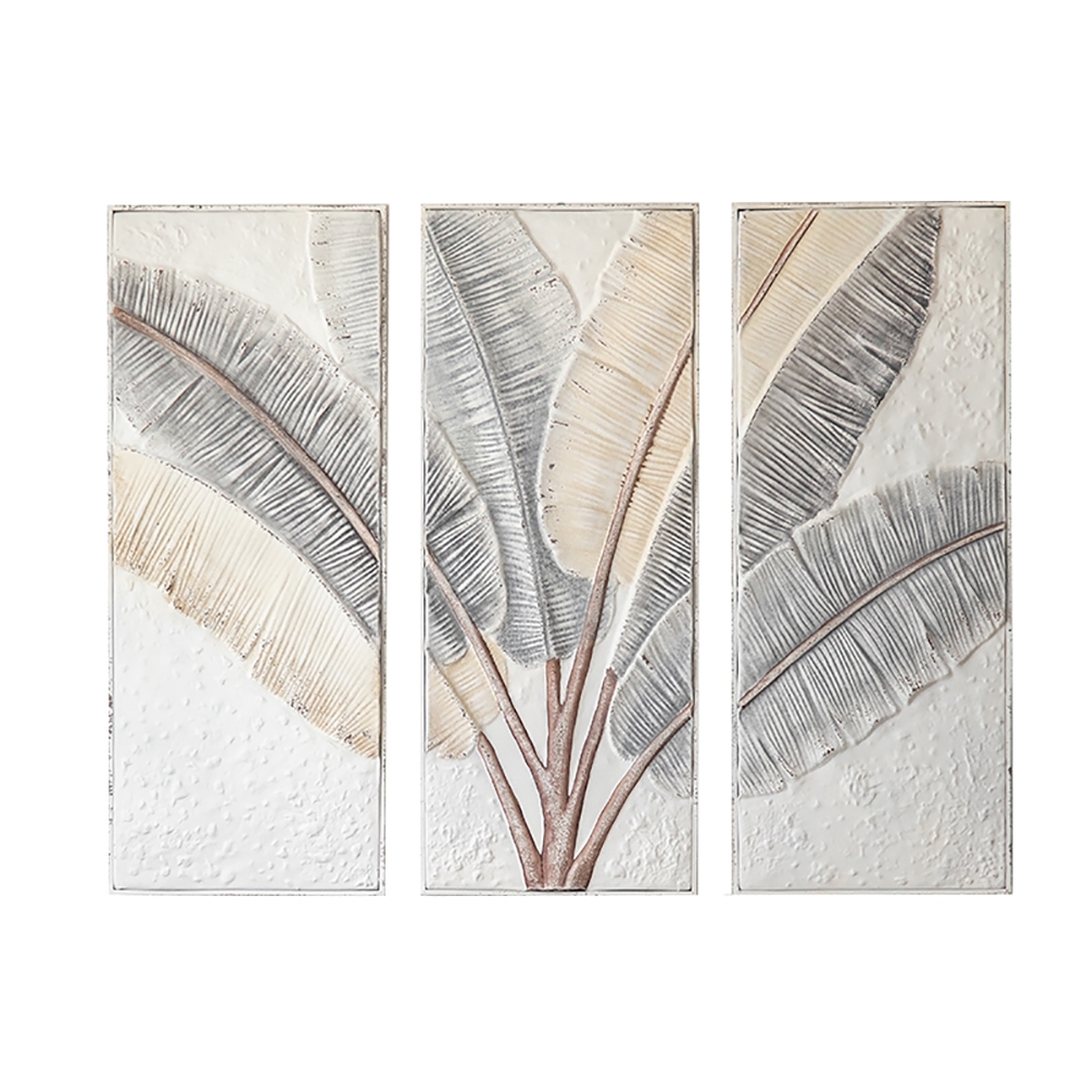 3 Pieces Set European Style Embossment Feather Leaves Sofa Background Metal Wall Decor window image