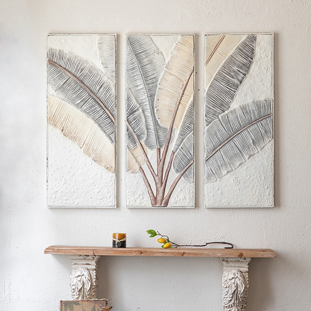3 Pieces Set European Style Embossment Feather Leaves Sofa Background Metal Wall Decor window image