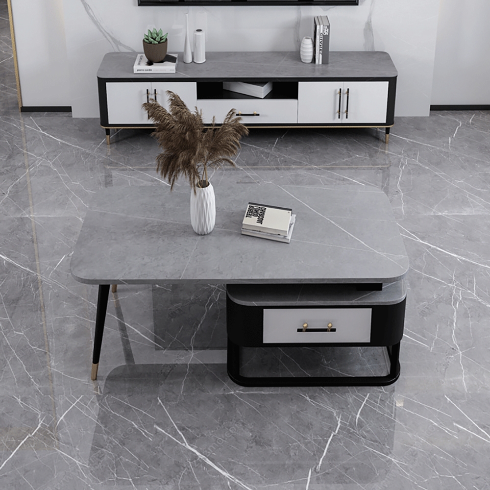 Modern Gray Coffee Table with Drawer Sintered Stone Top & Metal Base window image