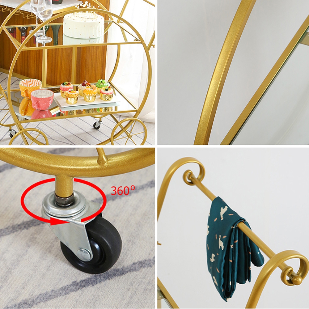 Nordic Gold 2-Tier Bar Cart on Wheels Clear Tempered Glass Top with Gold Handle window image