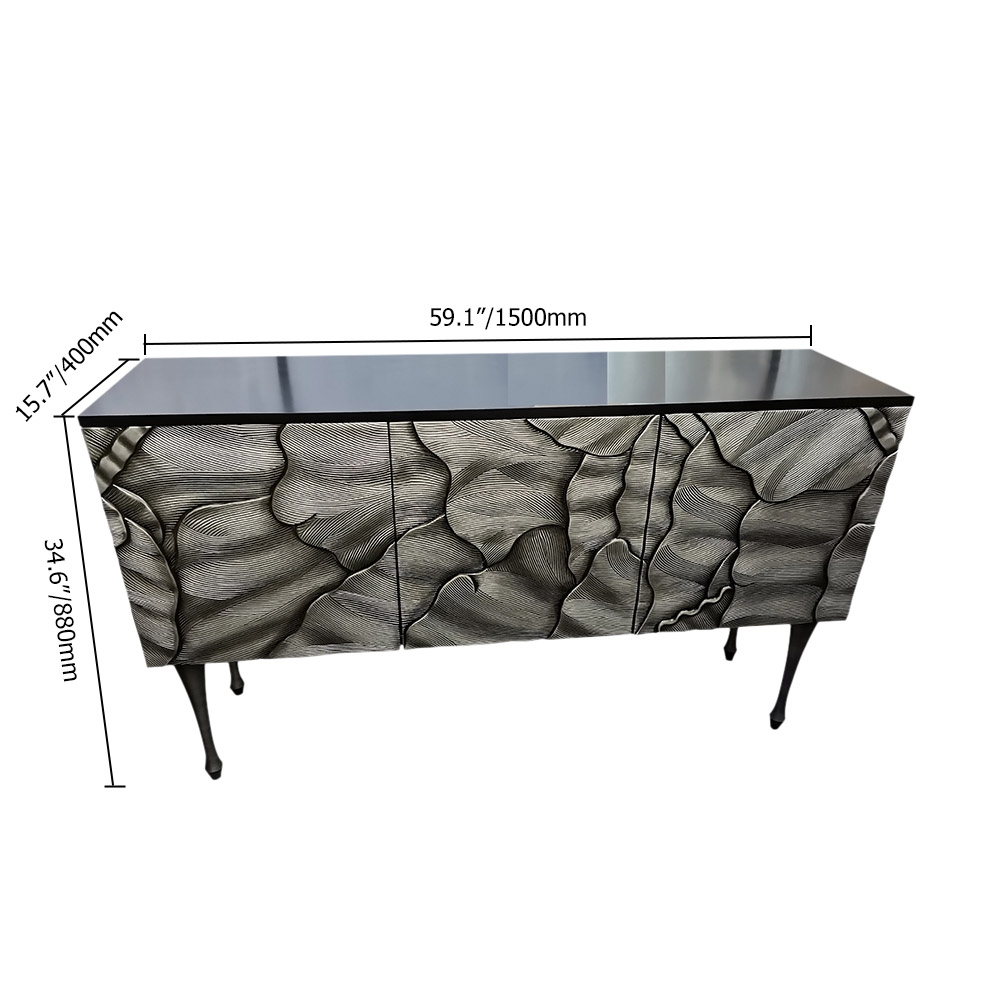 Contemporary Black Sideboard Buffet 3D Patterns 3-Door Cabinet window image