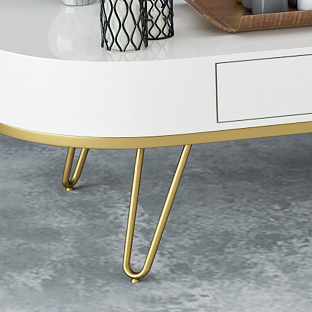 Modern White Coffee Table with Drawer Wooden Frame & Gold Metal Legs window image