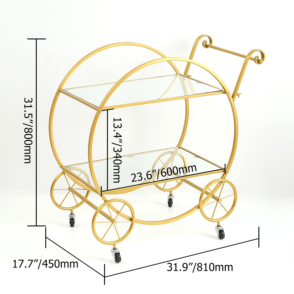 Nordic Gold 2-Tier Bar Cart on Wheels Clear Tempered Glass Top with Gold Handle window image