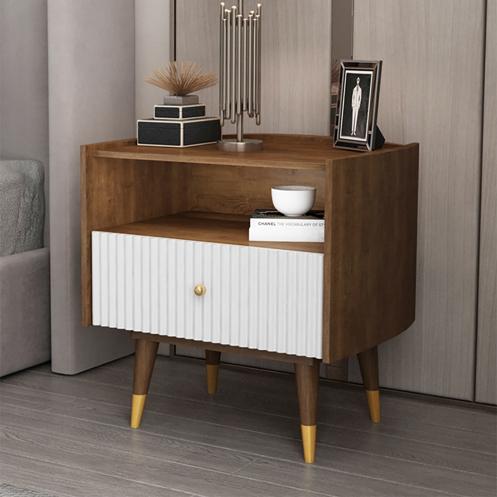 Contemporary Walnut Nightstand 1-Drawer Bedside Table in Gold window image