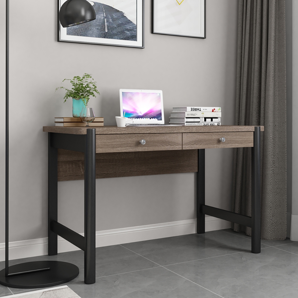Grey & Black Desk with Drawers Metal Frame Wooden Writing Desk window image