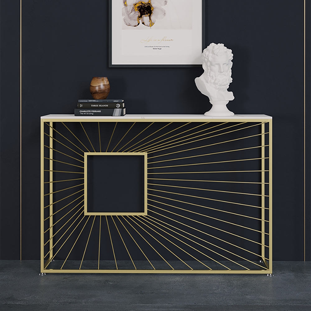 Modern White Narrow Console Table with Sintered Stone Top & Metal Frame window image