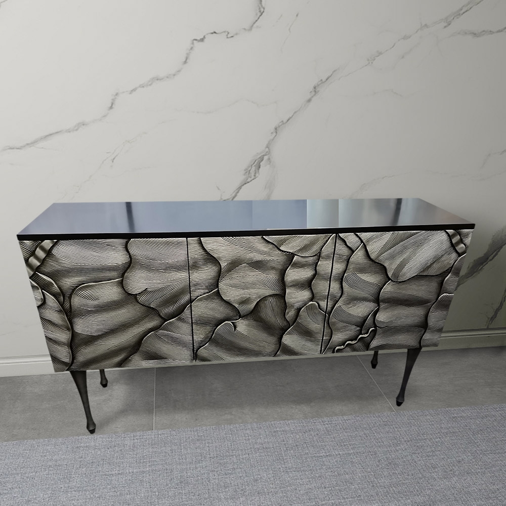 Contemporary Black Sideboard Buffet 3D Patterns 3-Door Cabinet window image