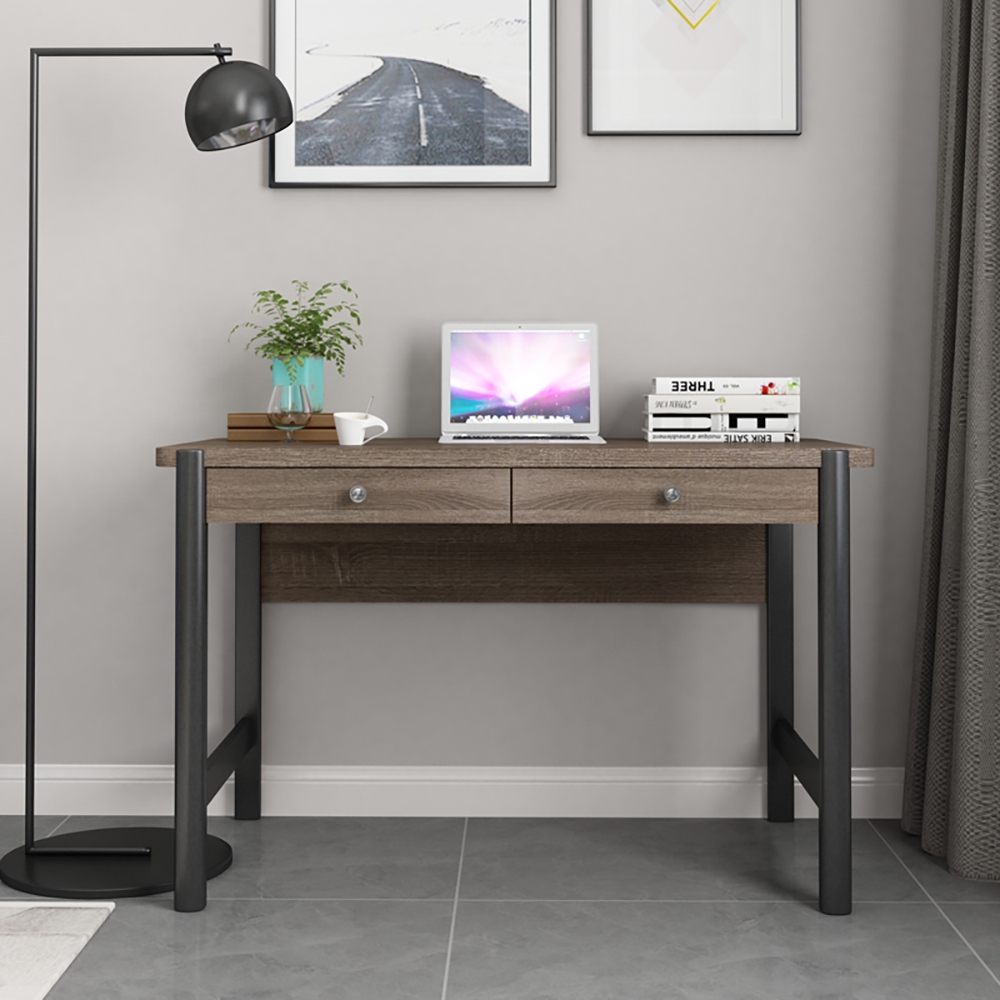 Grey & Black Desk with Drawers Metal Frame Wooden Writing Desk window image